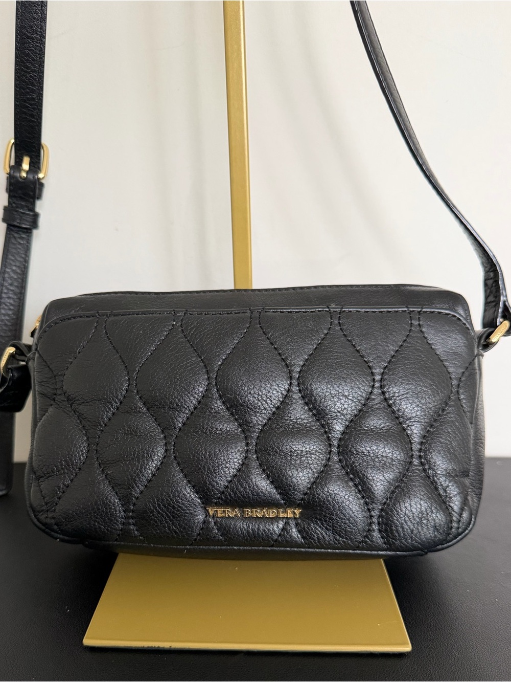 Vera Bradley Black Quilted Leather Crossbody Bag Gold Hardware